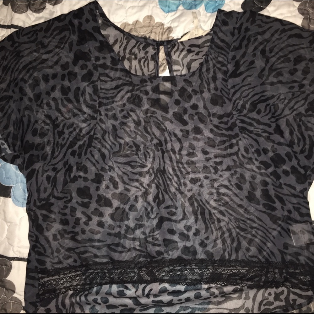 Black Poppy Sheer Animal Print Top Shirt Black SM